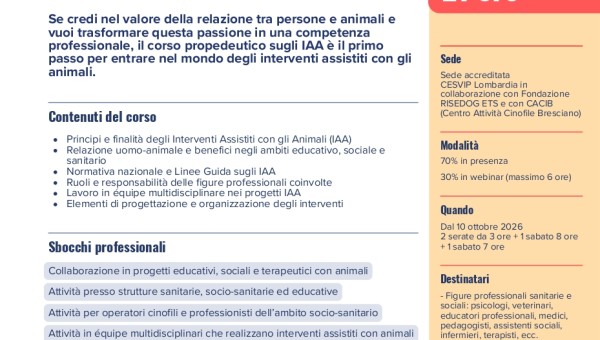 CORSO PROPEDEUTICO IN IAA IN PARTENZA AD OTTOBRE
